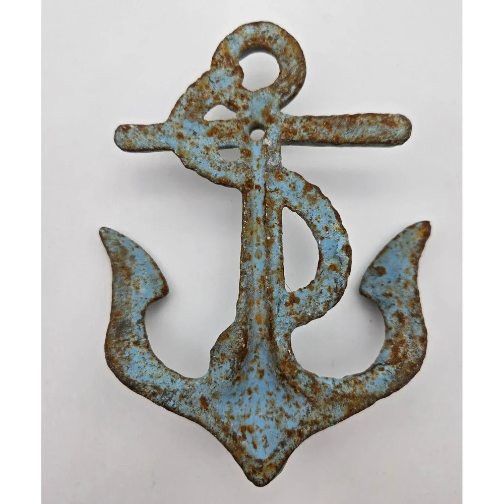 Anchor Wall Hook Cast Iron Nautical Rustic Blue Coastal Sea Weathered Vintage